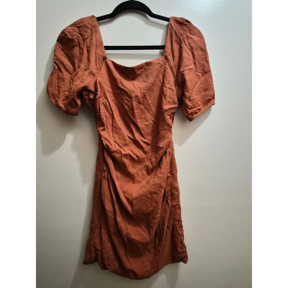 Altar'd State Rust Smocked Back Puff Sleeve Ruched Mini Dress Womens XS Boho